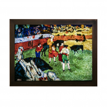 Bullfight (Course de taureaux) 
Roger Malherbe-Navarre (Les Gemmaux de France studio)
After Pablo Picasso
1954–1957
Gemmail
H. 82 cm x W. 113 cm
Private collection
(Photograph courtesy of Sean Baylis)